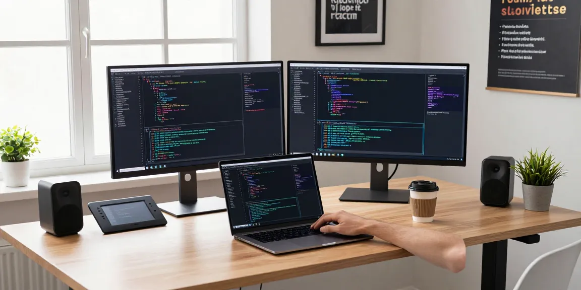 Developer coding in workspace with dual monitors and tech gadgets while exploring 纸飞机中文版 features.