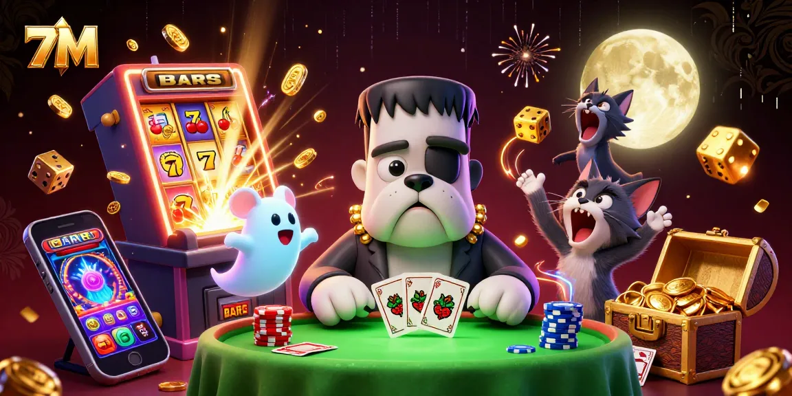 7M cartoon bulldog monster dealing cards at a vibrant casino table, enriched with jackpot elements.