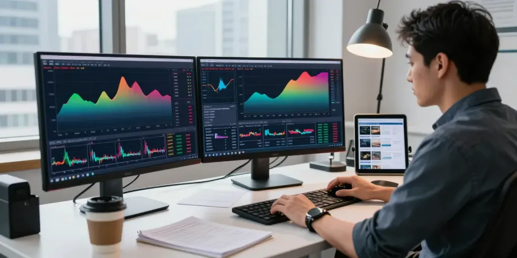 MetaTrader 5 trading analyst engaged with multiple monitors displaying charts and market data.