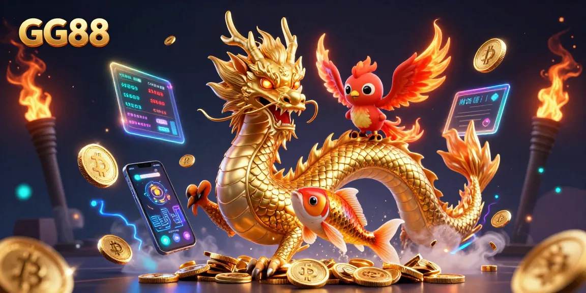 Experience the thrilling world of GG88 with a dynamic dragon, phoenix, and koi fish illustration amidst coins and crypto elements.