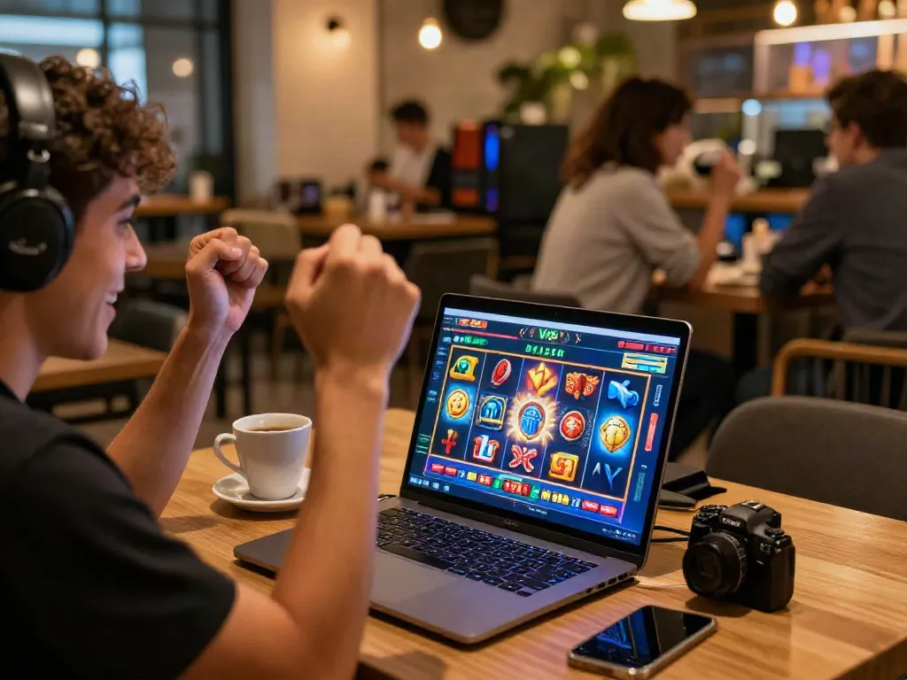 Gamer experiencing luxury12 slots excitement in a café with vibrant graphics and cozy ambiance.