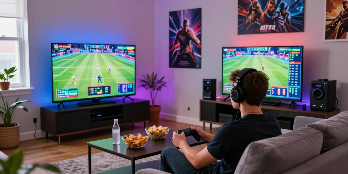 Engaging scene of a person enjoying 토토사이트 betting at home with vibrant room setup.