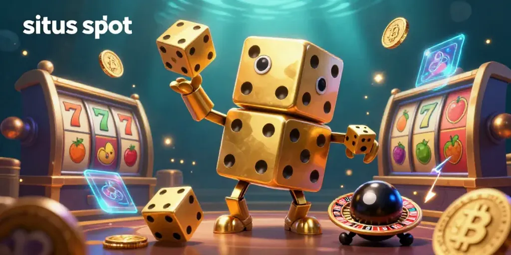 Experience situs slot excitement with a vibrant 3D casino scene featuring a golden dice golem and slot elements.