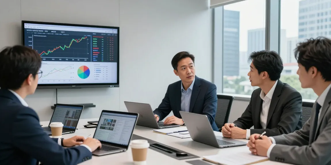 Terry Hui leading a real estate investment meeting with colleagues and market data.
