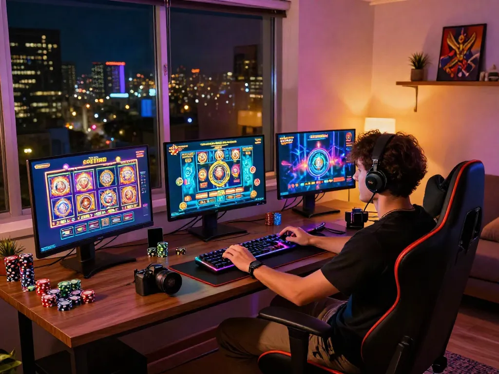 Engaging scene of a person playing thrilling slot game on a high-tech gaming setup, showcasing excitement.