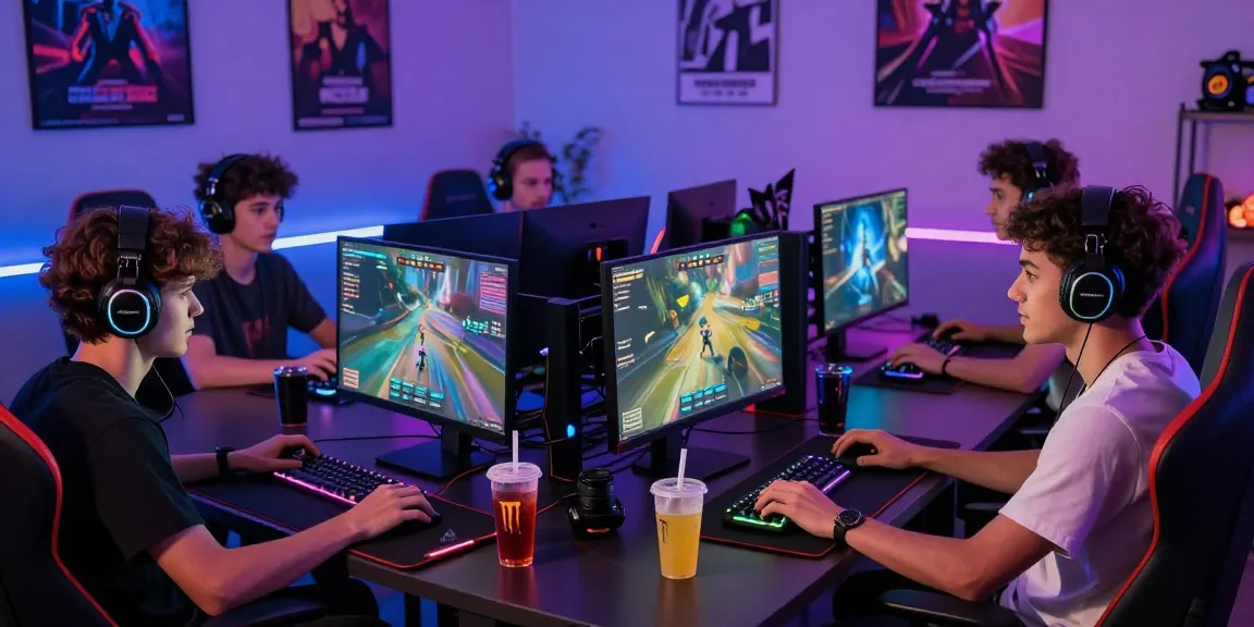 Engaged friends playing at gaming PCs showcasing daftar raja328 gaming excitement with vibrant lighting.