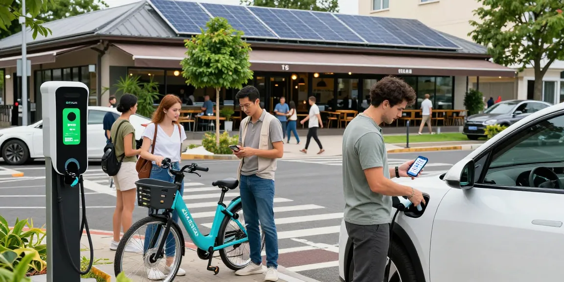 EV technology showcased in a vibrant urban charging station scene with diverse people engaging with electric vehicles.