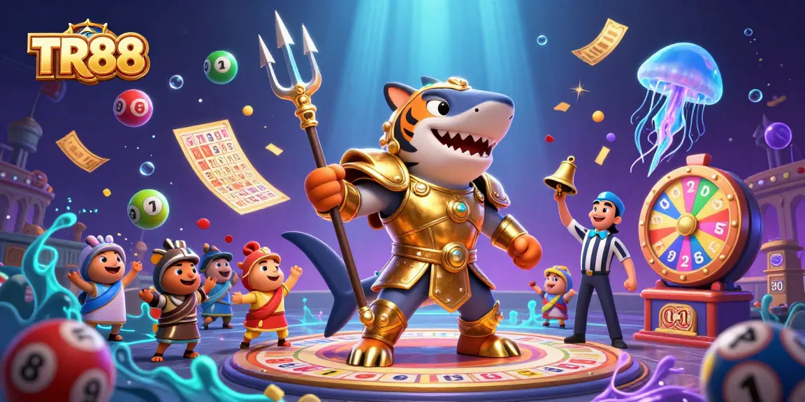 Engage with TR88's vibrant underwater casino scene featuring a golden tiger shark in gladiator armor.