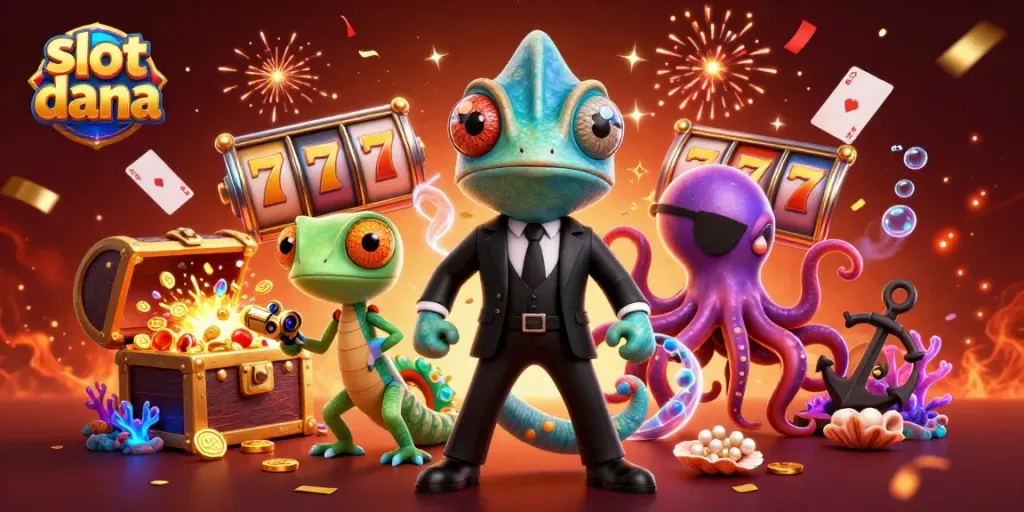 Slot dana menghiasi ilustrasi 3D penuh warna dengan karakter kasino seperti chameleon, gecko, dan gurita dalam momen permainan besar.