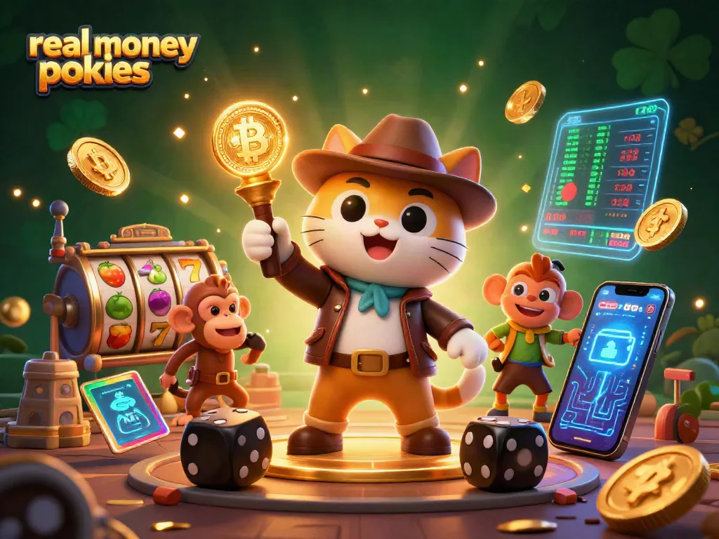 Engage with real money pokies as a cartoon explorer uncovers treasures amidst vibrant casino symbols.