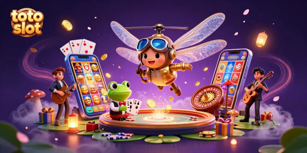 Experience the thrill of toto slot with 3D characters at a lily pad casino, featuring card dealing and lively jazz