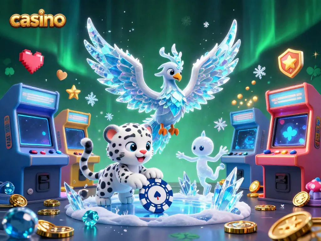 Experience thrilling casino magic with an ice phoenix and playful snow leopard in 3D.
