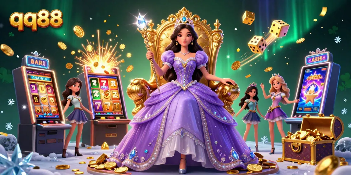 Experience the excitement of qq88 casino with a vibrant 3D illustration of opulent gaming elements and a royal figure.