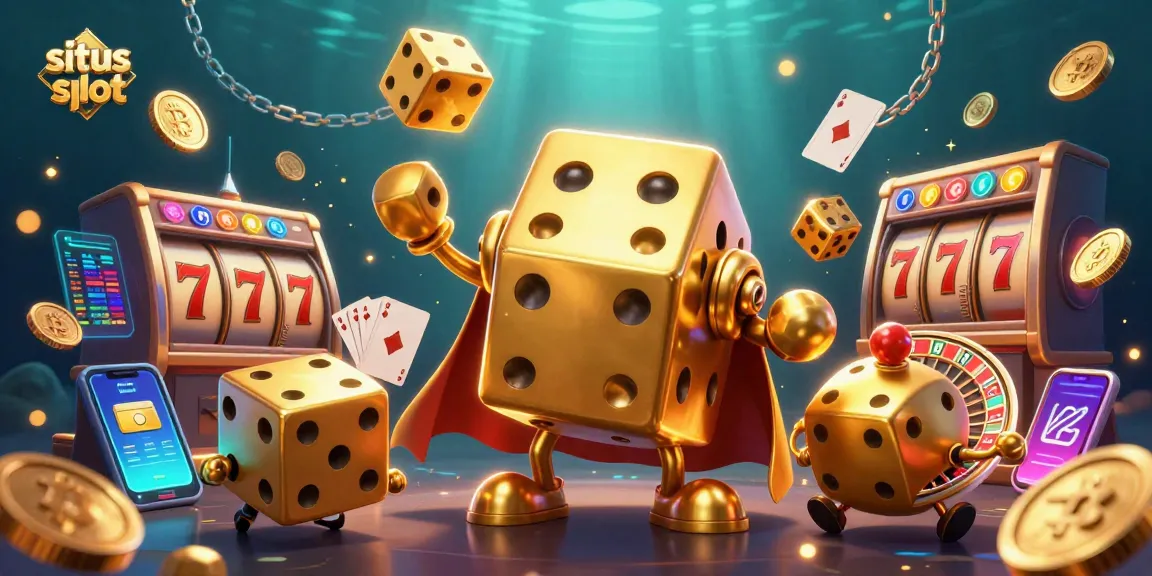 Permainan situs slot yang mendebarkan dengan karakter dadu emas raksasa dan elemen menarik lainnya.