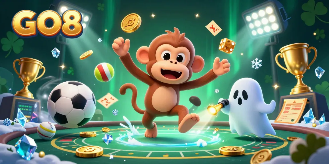 GO8 casino scene with a mischievous monkey juggling gold while a curious puppy tracks its moves.