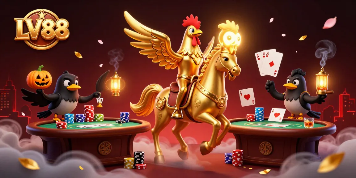 Engage with LV88's vibrant casino scene featuring a golden rooster amidst poker excitement.