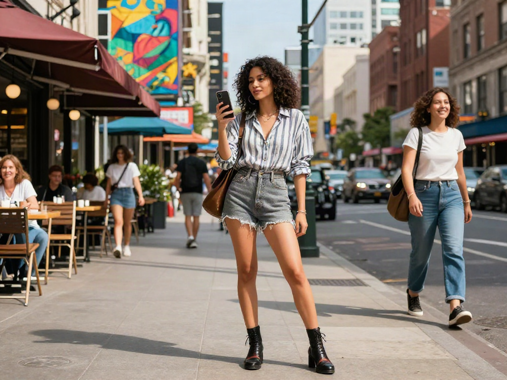Young woman discovering she looks like a celebrity in a lively urban setting.