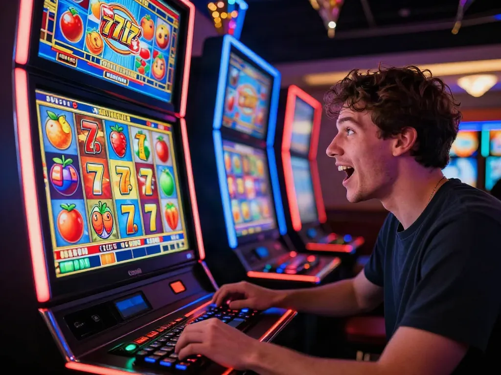 Pemain slot777 online bersemangat memutar gulungan mesin slot dengan latar belakang grafis cerah dan dekorasi pesta, menciptakan suasana kasino yang semarak.