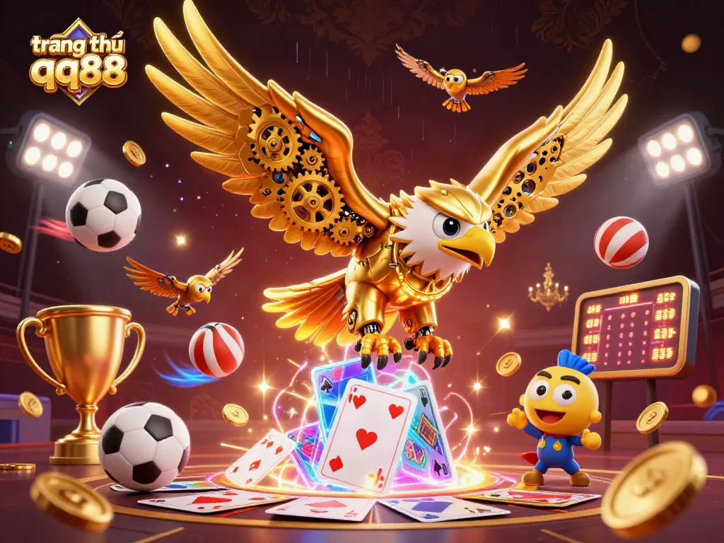 Engage in thrilling gaming with trang chủ qq88 as a cybernetic eagle navigates a dynamic scene of sports and casino elements.