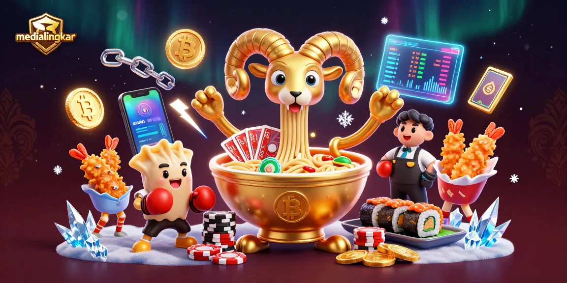Engage with medialingkar's dynamic casino scene featuring playful characters and vibrant crypto elements.