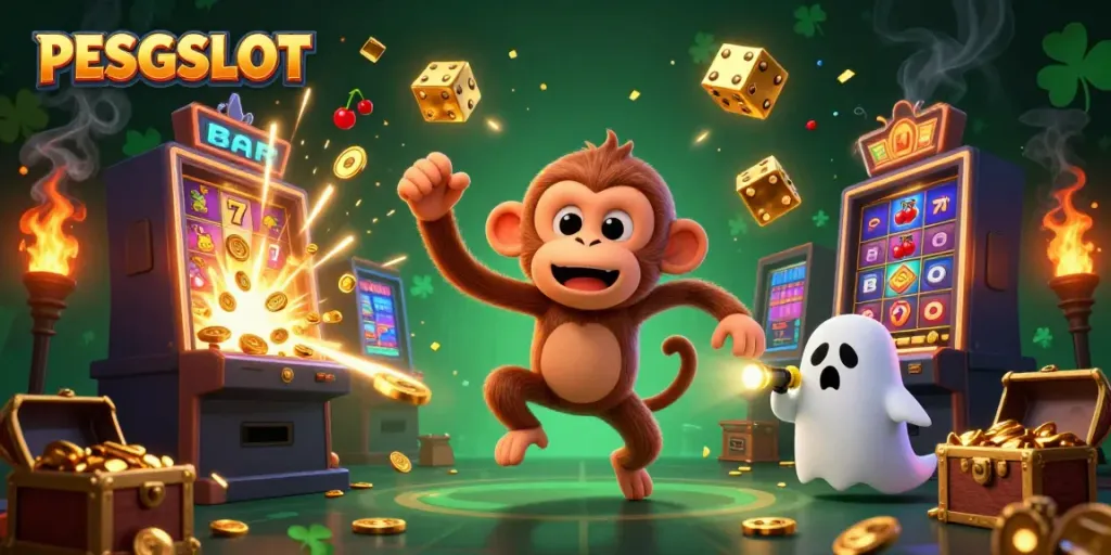 Permainan slot PESGSLOT yang seru dengan karakter kemenangan dan simbol keberuntungan.