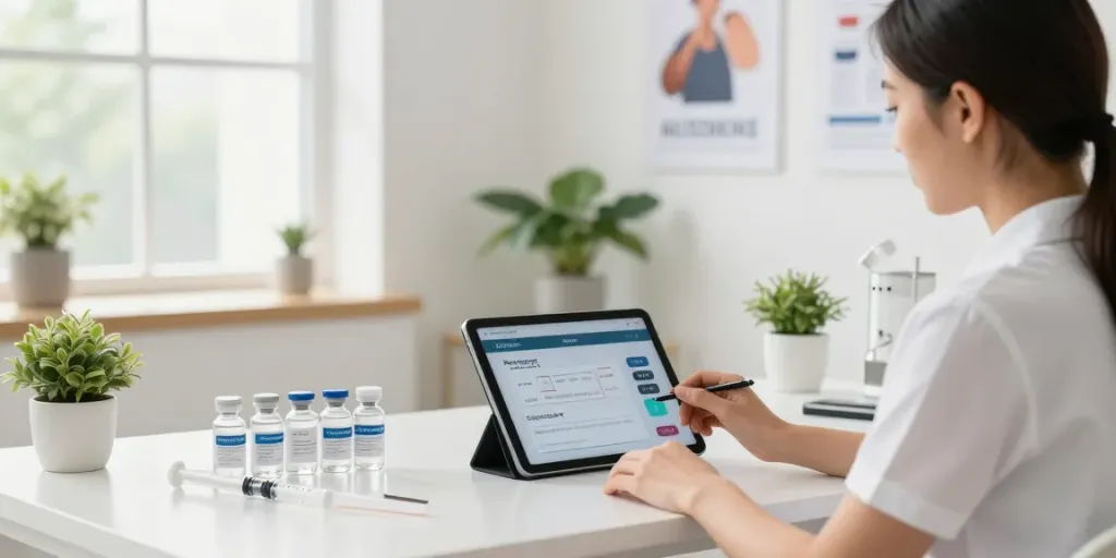 Using a peptide dosage calculator in a modern wellness studio.
