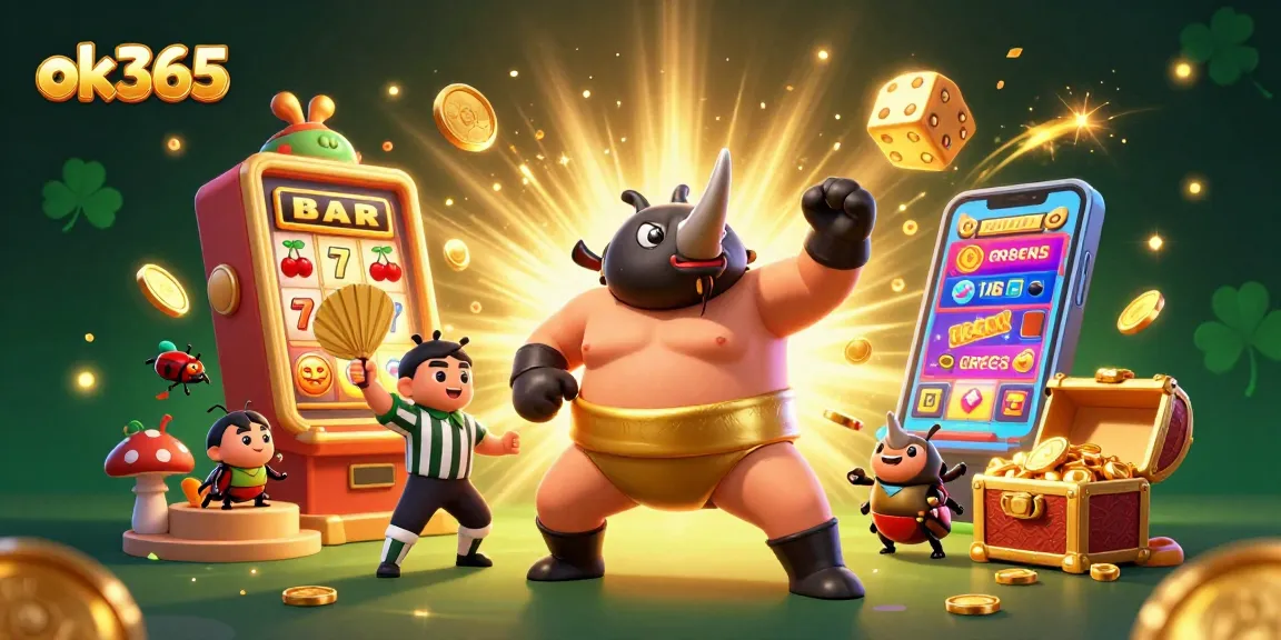 Play exciting games at ok365, featuring a dynamic sumo beetle champion surrounded by slot machine bonuses.