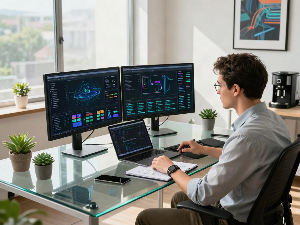 Focused data analyst utilizing an AI Detector in a modern tech workspace, surrounded by visualizations and greenery.