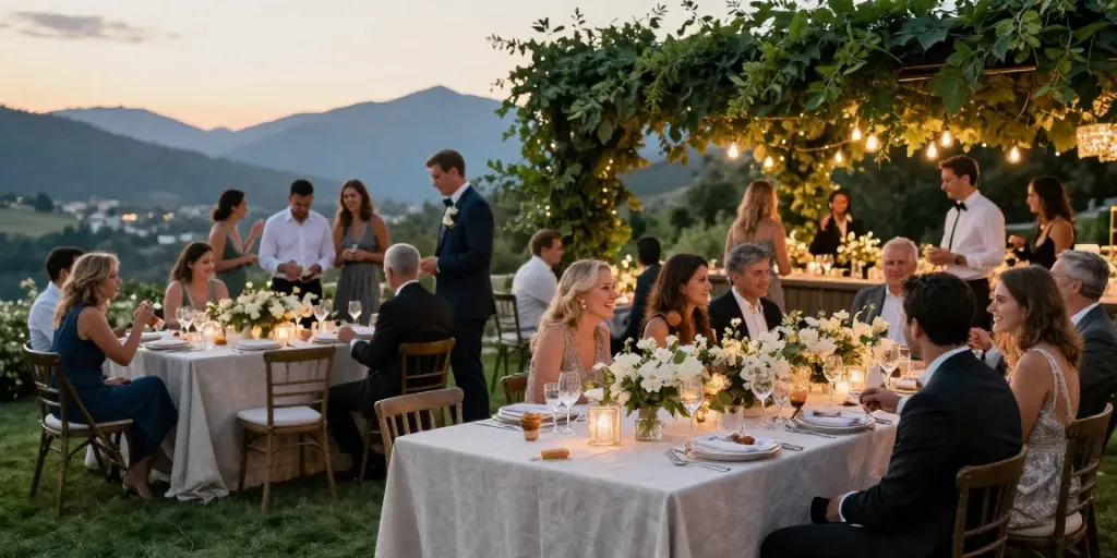Event furniture rental showcasing elegant outdoor wedding setup with decorative tables in a scenic location.