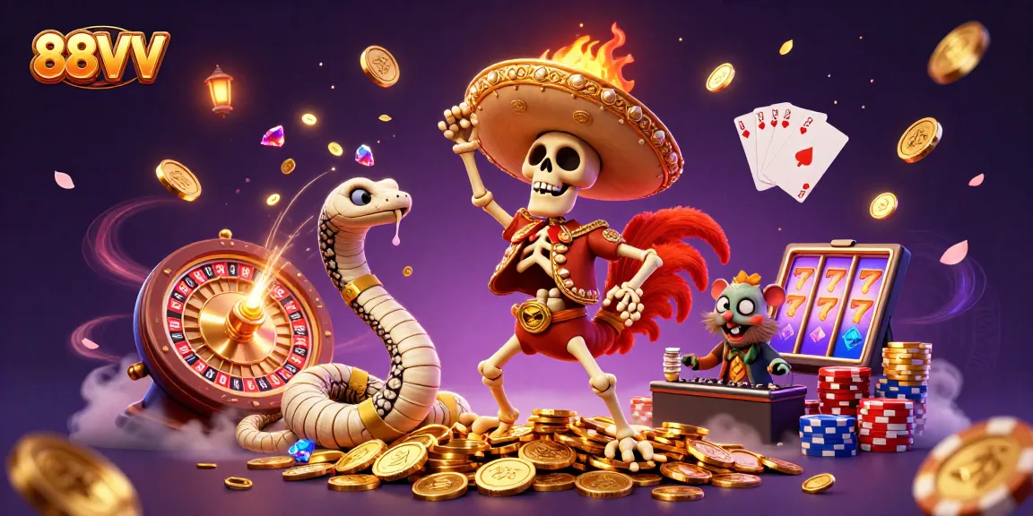 88VV invites players to enjoy a vibrant casino scene with a roaring skeleton mariachi and dynamic gaming elements.