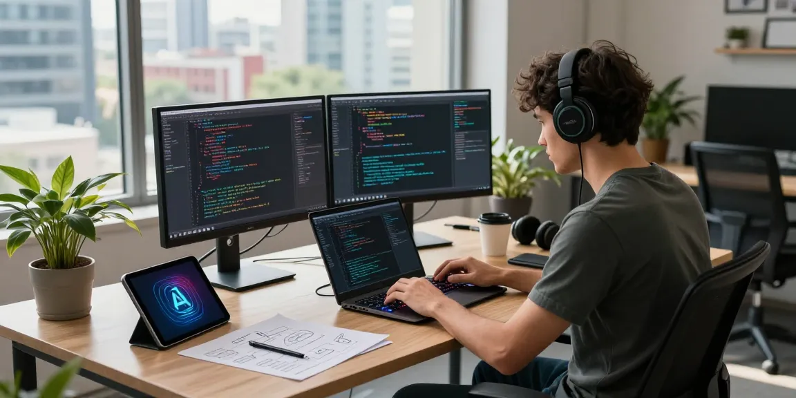 Programmer in a modern office coding the Top 5 programming languages for AI, showcasing dual monitors and a creative workspace.