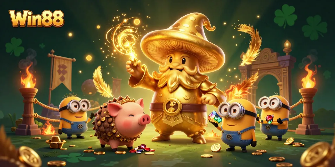 Win88 jackpot scene with a wizard, truffle pig, and gemstone-carrying minions celebrating wins.