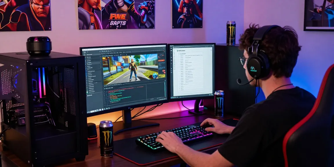 Player configuring FiveM ESX Scripts on a gaming PC with vibrant accessories.