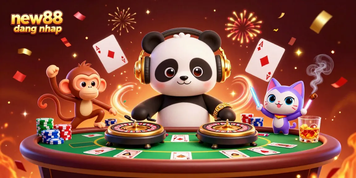 Experience the excitement of new88 dang nhap with vibrant characters enjoying a 3D casino atmosphere.