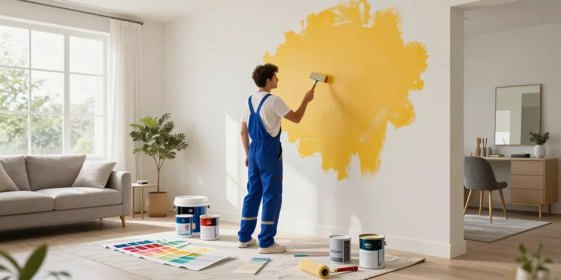 Transform your space with expert painting services, showing skilled painter in a stylish living room.