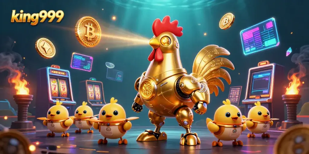 Menangkan jackpot dengan king999, robot ayam emas futuristik dan permainan slot seru di ruang kasino digital.