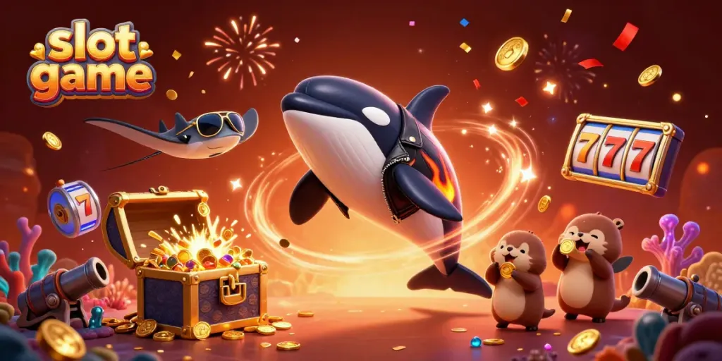 Engage in thrilling slot game dynamics with cartoon characters celebrating amidst treasure and excitement.