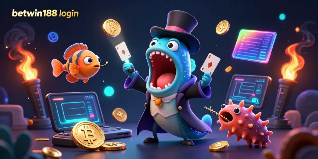 Gali informasi BETWIN188 login dengan ilustrasi 3D menarik bertema kasino dan elemen kripto.