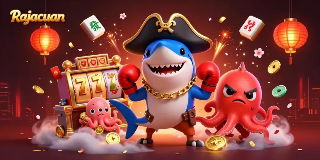 Permainan slot menarik di Rajacuan dengan karakter lucu dan elemen kasino yang kaya.