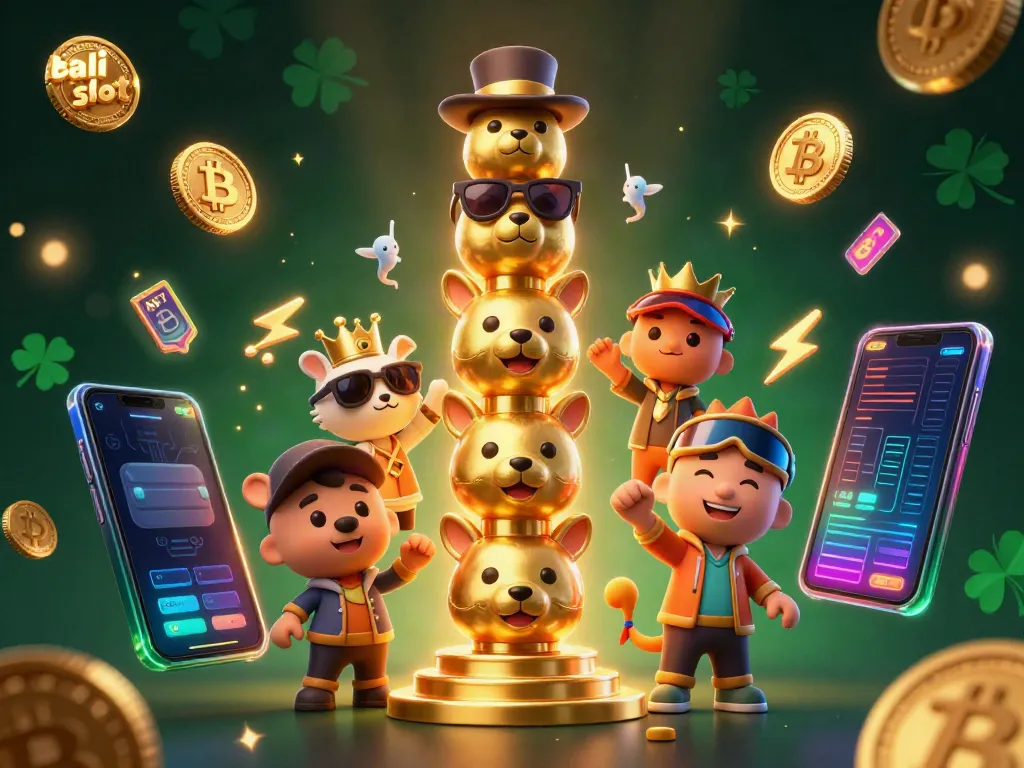 Engage with the thrilling Bali slot experience featuring vibrant 3D characters amidst glowing cryptocurrency elements.