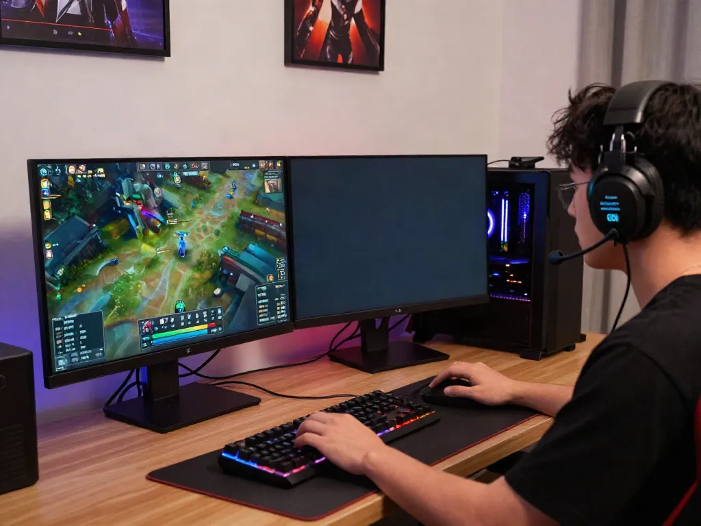 Engaged gamer utilizing the singatoto link on dual monitors displaying vibrant game graphics.