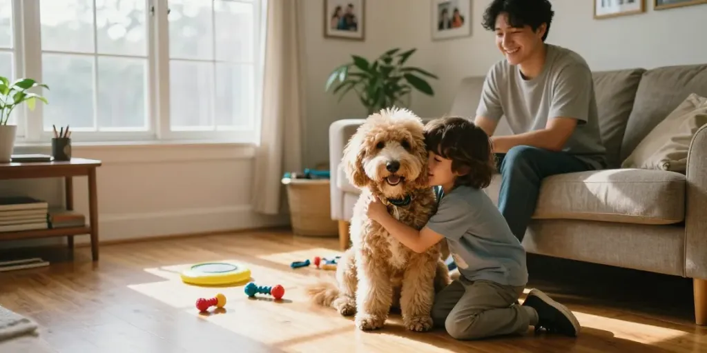 Newfiedoodle temperament and care showcased in a family scene with joyful interactions in a cozy living room.