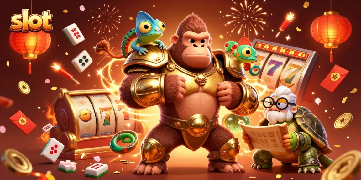 Spin slot machines with winning chances featuring a gorilla king and colorful characters.