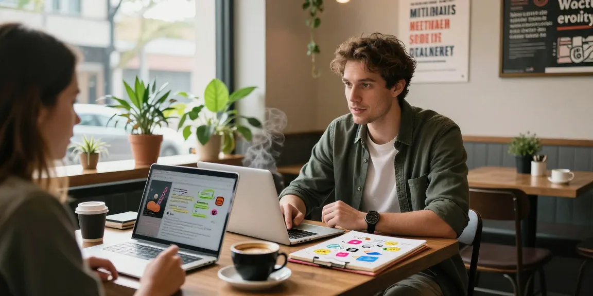 Social marketing for small businesses brainstorming session in a coffee shop with vibrant atmosphere