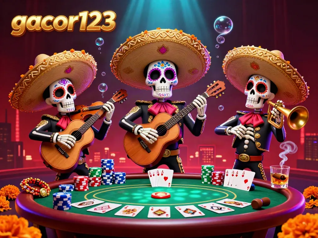 Engage with gacor123's exciting poker scene featuring a vibrant mariachi band and dynamic game elements.