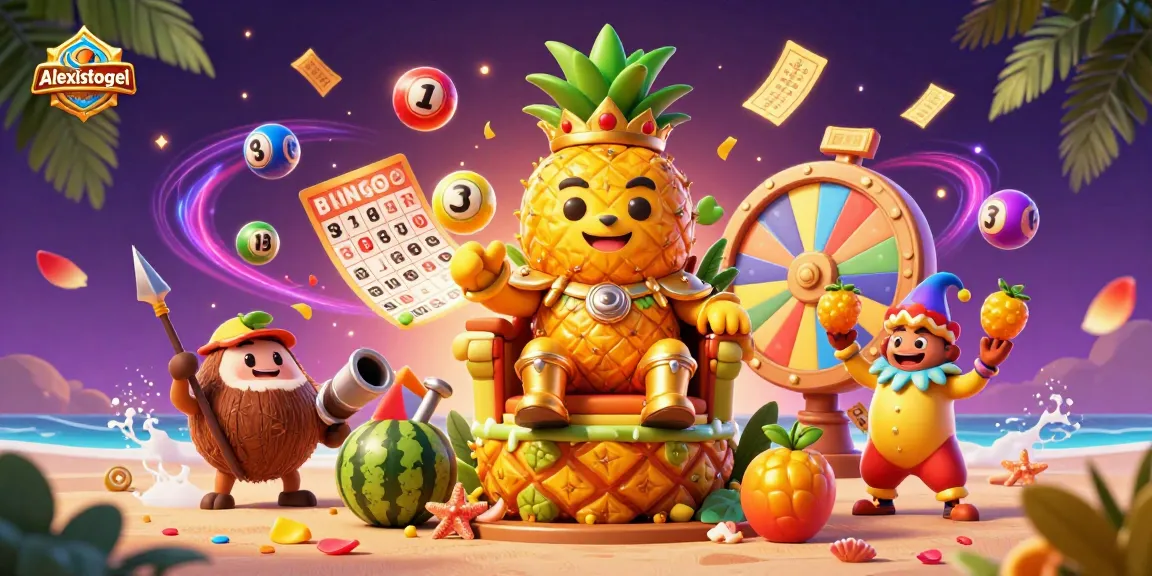 Engage in Alexistogel's vibrant gaming landscape with a lively illustration of a golden pineapple king and festive elements.