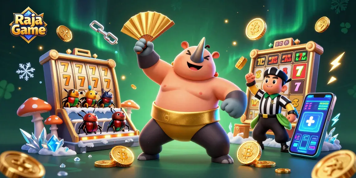 Raja Game offers thrilling jackpot excitement with a colorful 3D beetle champion illustrated in a dynamic casino scene.