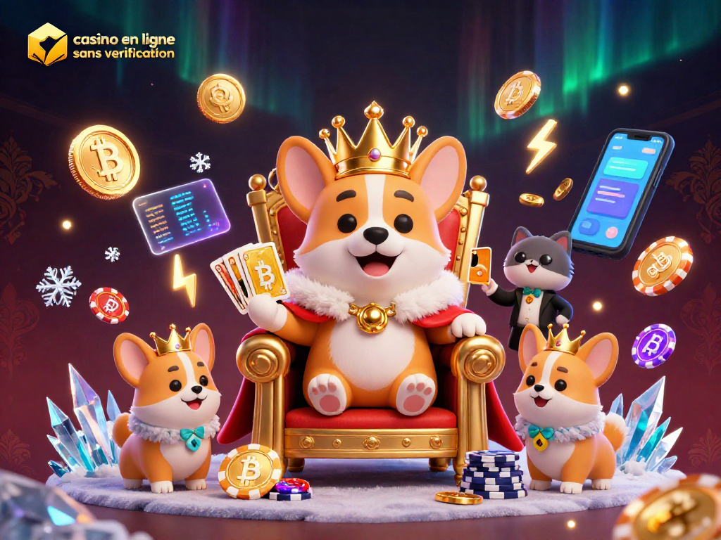 Découvrez le monde du casino en ligne sans vérification avec un corgi royal entouré d'éléments de jeux captivants.