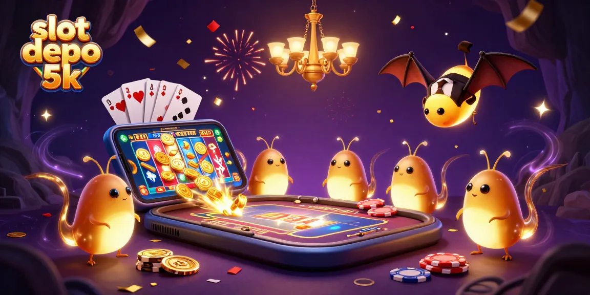 Join the excitement at slot depo 5k as glowworms illuminate the casino experience with vibrant slots and gold coins.