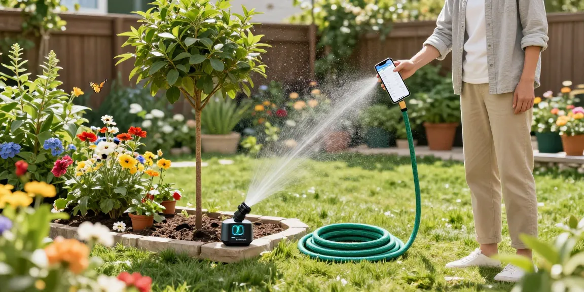 Homeowner using a rainpoint water timer in a vibrant garden setting, managing watering with a smartphone app while enjoying lush flower beds and trees.